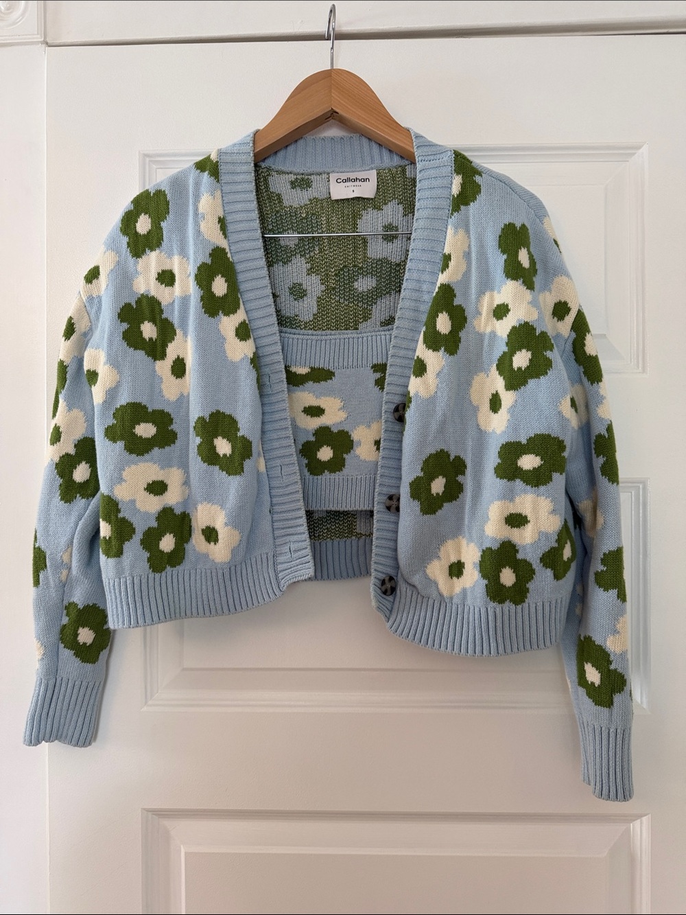 Callahan Sky Blue Floral Knit Cardigan with Green and Cream Flowers